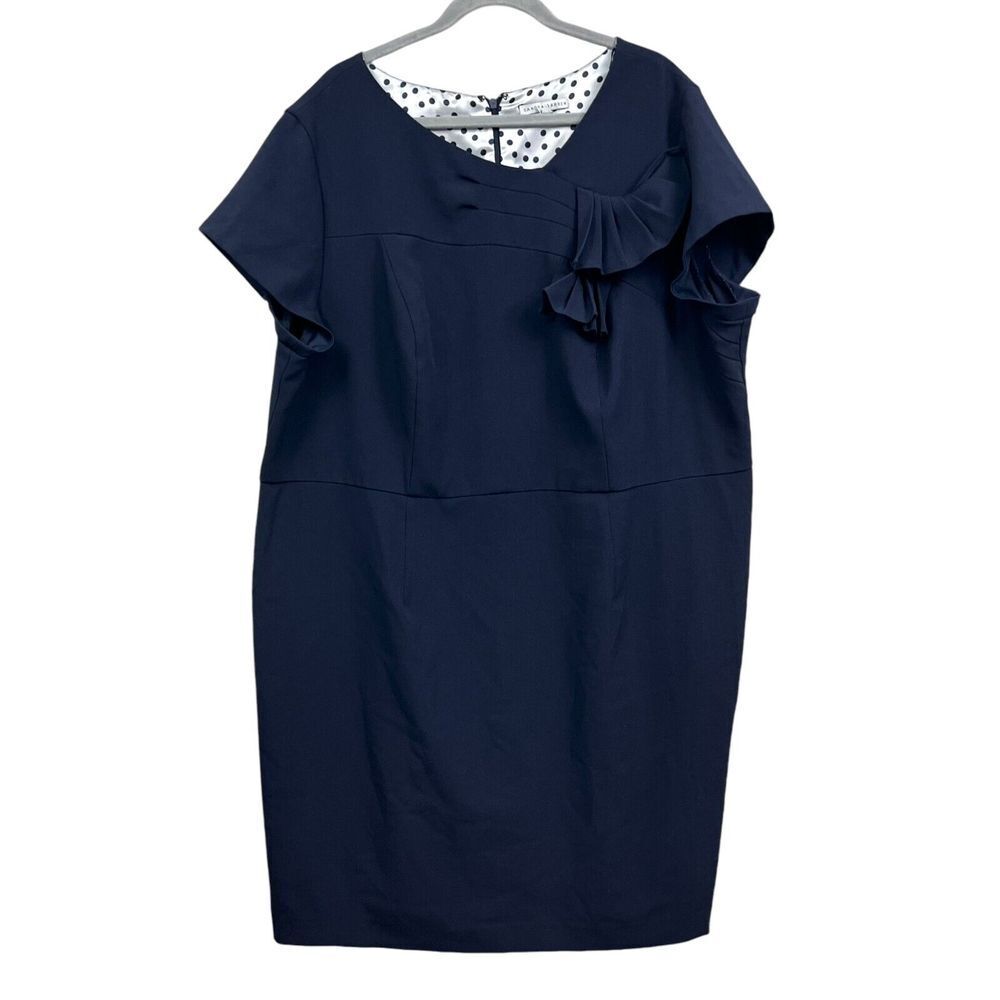 Sandra Darren Womens Sheath Dress Ruffled Collar Cap Sleeves Navy Plus Sz 24W*